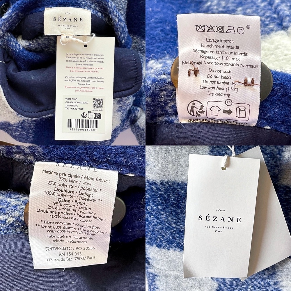 Sézane Farel Wool Check Reversible Jacket Blue Ecru 40 NWT - Picture 5 of 11